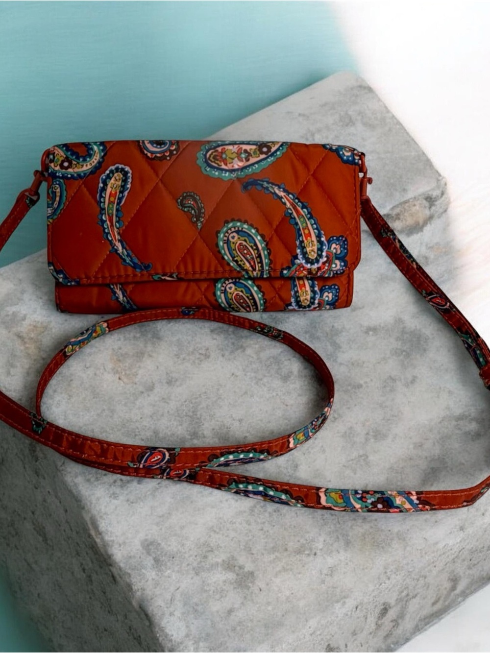 Vera Bradley Quilted Paisley Small Crossbody - Orange Rust with Teal & Navy